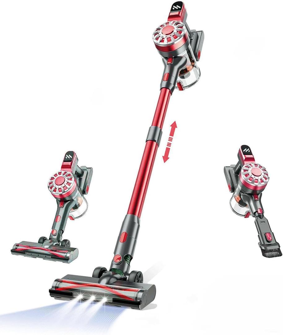 Cordless Vacuum Cleane,Stick Vacuum Cordless Rechargeable with Super Suction,Hardwood Floor Vacuum for Home Pet Hair, Carpets, Tile(Deep Red)