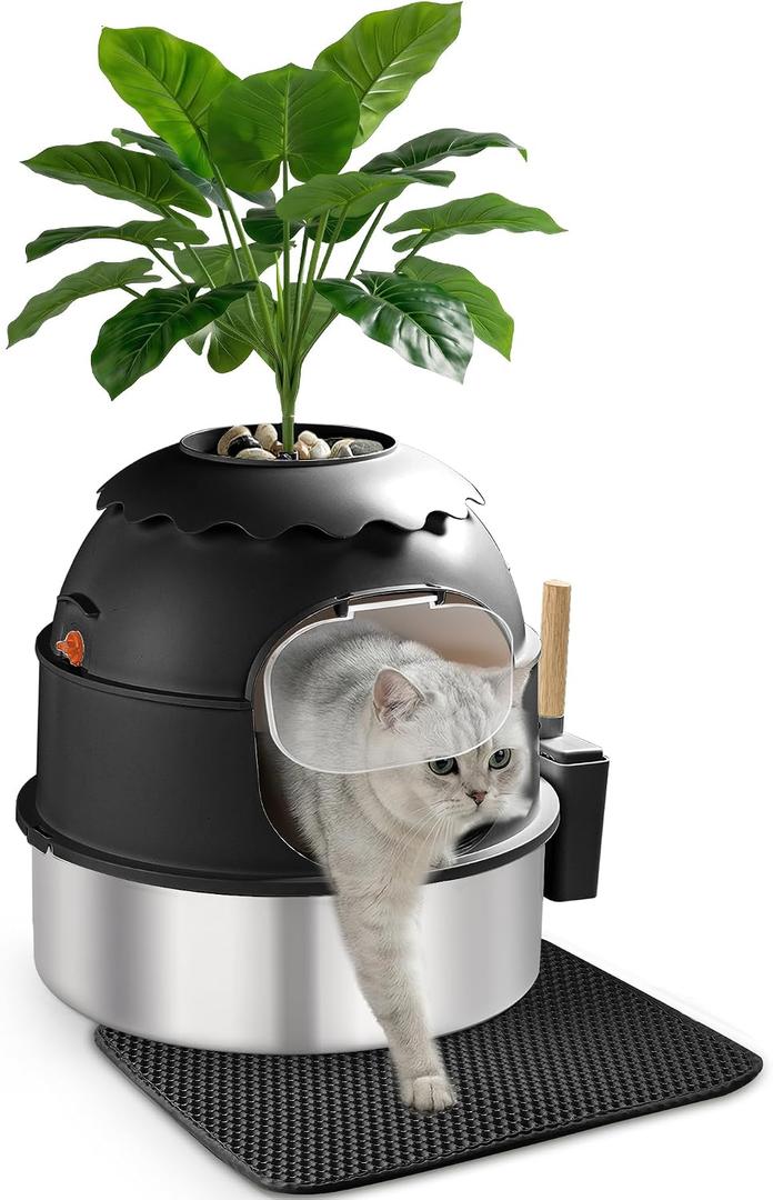 Hidden Litter Box, Stainless Steel Litter Box with Faux Plant Decor, Litter Box Enclosure with Clear Front Door, Includes Scoop & Litter Mat, Odor Control, Easy to Clean (Black)