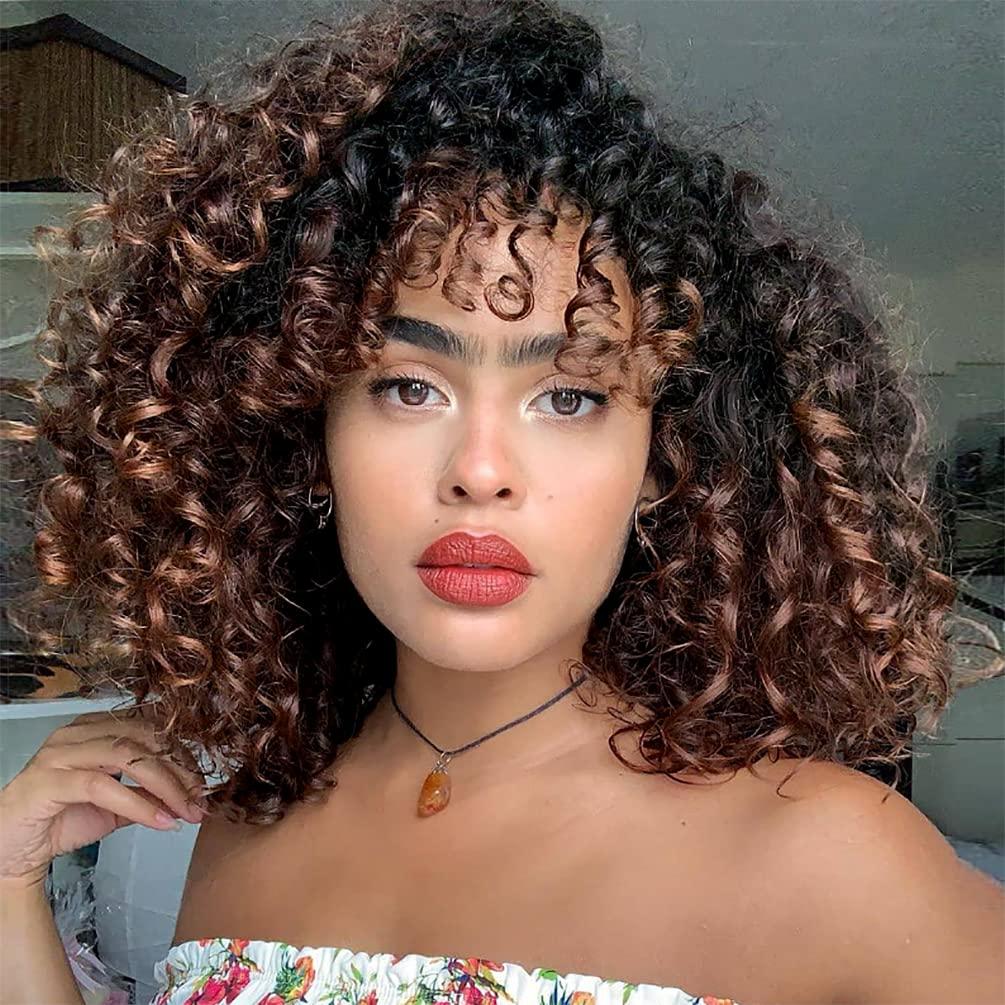 YEAME Curly Wigs for Black Women - Kinky Curly Afro Wig with Bangs, Brown Mixed Black, 15 Inch, Heat Resistant Synthetic Fiber