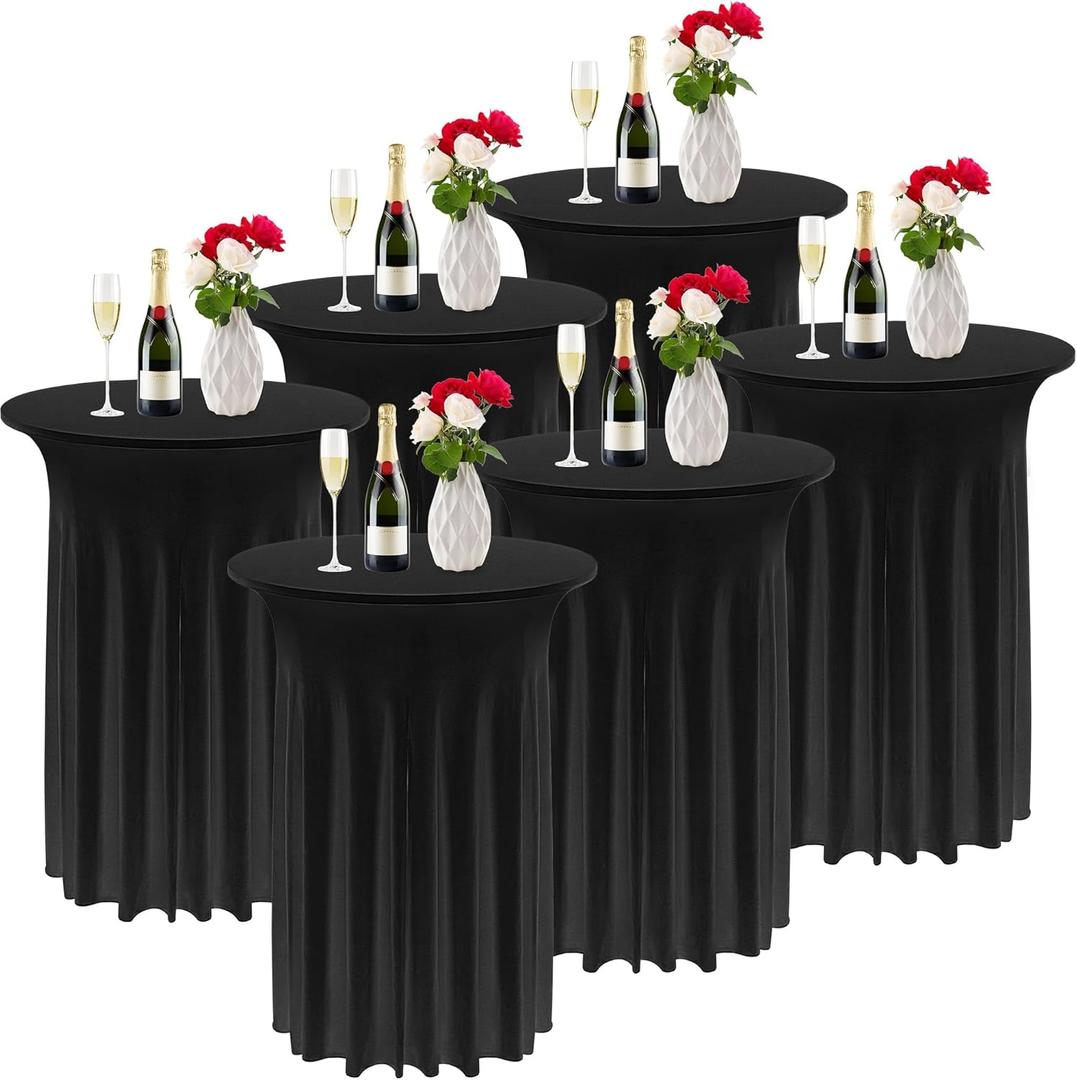 Kochorie 6 Pieces Cocktail Table Skirt Round Cocktail Table Covers 32 x 43 Inch Spandex Stretch High Top Table Cloth for Wedding Table Bar Banquet Party Supplies (Black)