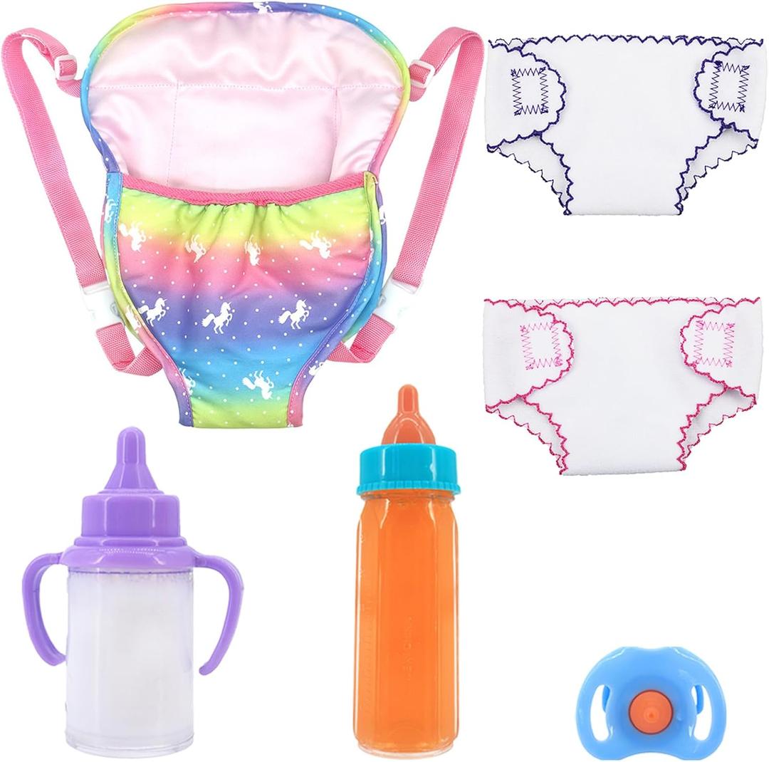 QSKJJI 6 Pcs Carrier Play Set for Dolls with Toy Diapers & Bottles, Doll Carrier Accessories for Toy Animal Carriers/American Dolls 12 in to 18 in Dolls Adjustable Straps for Little Girls