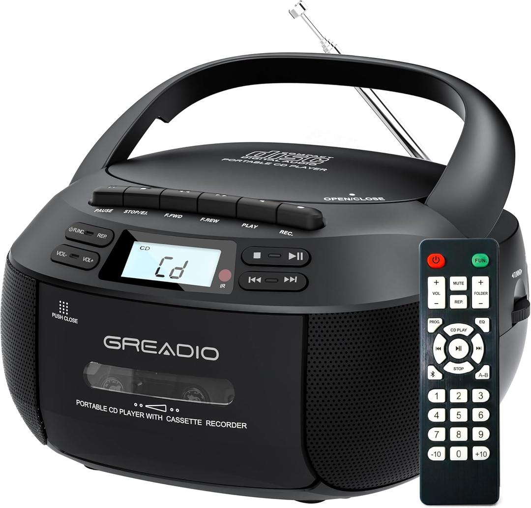 Greadio Boombox CD Player Cassette Player Combo, Boom Box Portable CD Players for Home with Bluetooth, Support AM FM Radio/Remote Control/AUX/USB/Earphone, AC/Battery Operated, LCD Display (Black)