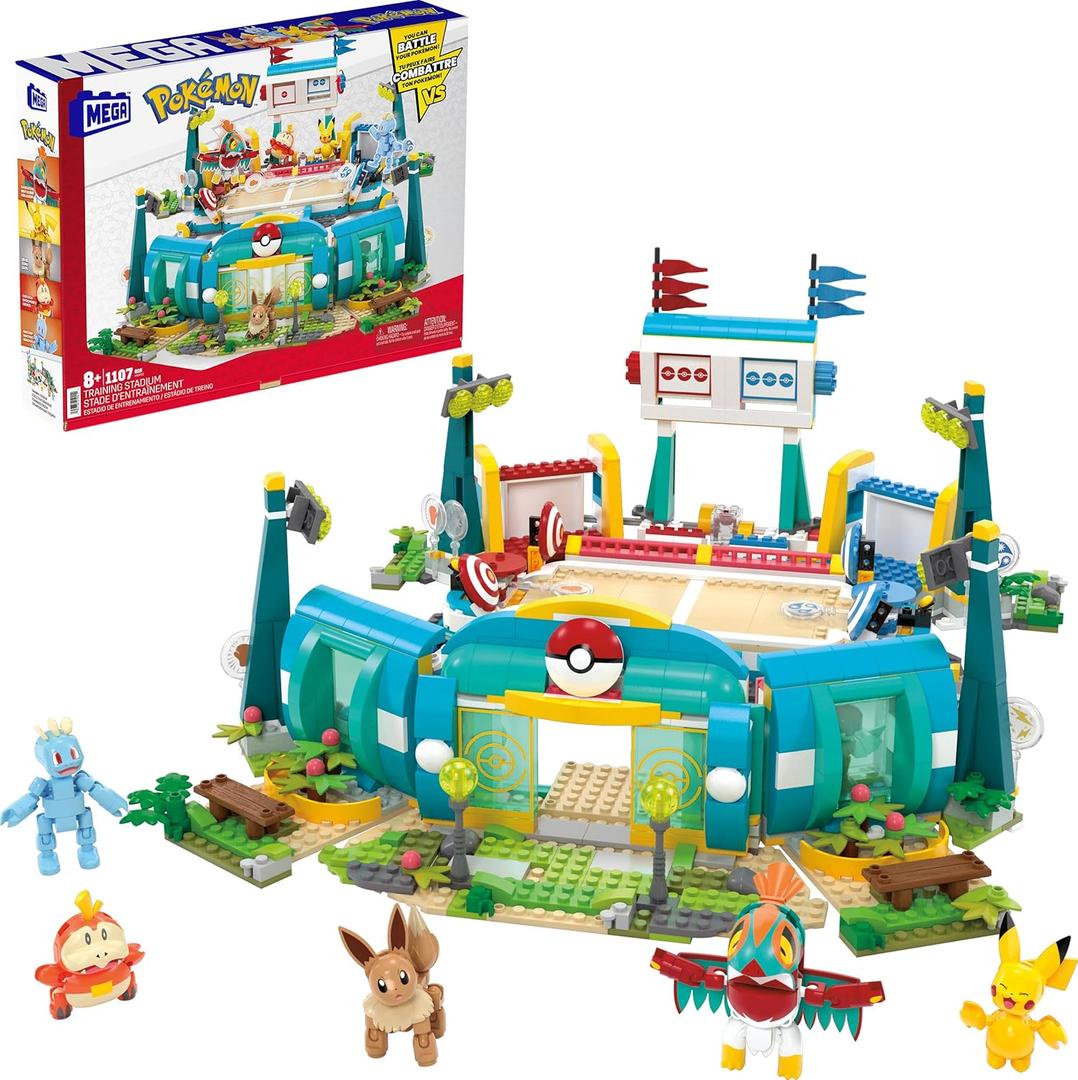 MEGA Pokmon Building Toys Set Training Stadium with 1101 Pieces, 5 Poseable Characters and Battle Play, for Kids (One Size)