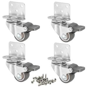 L-Shape Caster Wheels 1 Inch Low Profile Swivel Small Casters Set of 4 with Brakes, Side Mount Plate, Silent Ball Bearing Rolling Rubber Wheels for Furniture Cabinet Trundle Bed Tables