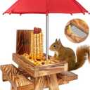 MIXXIDEA Squirrel Feeder Picnic Table with Tall Umbrella, Wooden Squirrel Feeders for Outside, Cute Chipmunk Feeder with Corn Cob Holder, Solid Structure, Thick Wood (Rustic Brown Red Umbrella) (Brown-1)