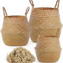 3 Pack Large Wicker Plant Basket with Handle 10 Inch Woven Seagrass Belly Basket and Artificial Moss for Plants Picnic Grocery Laundry House Storage Home Decor (Small,Medium,Large)