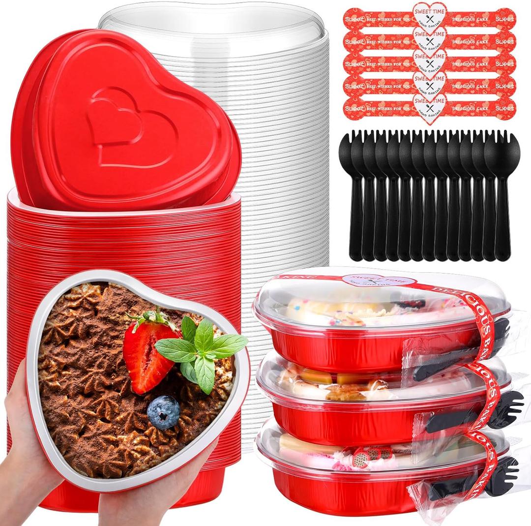 Yinkin 22 oz Heart Shaped Cake Pans Valentine Aluminum Foil Cupcake Cup with Lids and Spoons, Disposable Cake Tins Heart Baking Pan Mini Baking Tins for Valentine Wedding Birthday Party(Red,25 Pcs)