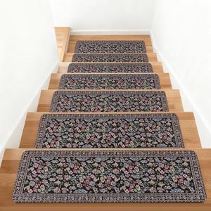KingMang Vintage Floral Stair Treads Non Slip Carpet Stair Treads for Wooden Steps Indoor 15PCS 30"x8" Stair Runner Stair Mats Safety Staircase Step Treads for Elders Kids Dogs Light Black
