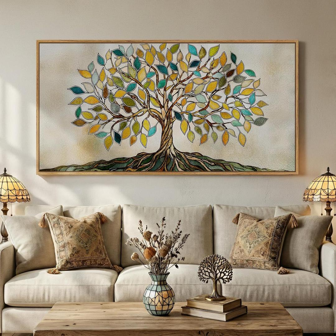 Large Framed Tree of Life Wall Art for Living Room, Modern Farmhouse Neutral Tree Canvas Painting Prints Artwork for Walls, Rustic Retro Picture for Bedroom Kitchen Office Hallway Wall Decor, 30x60
