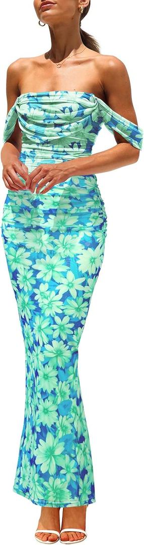 PRETTYGARDEN Women's Floral Maxi Dress 2025 Summer Off Shoulder Mesh Elegant Cocktail Party Ruched Bodycon Dresses (Medium, Light Green Daisy)