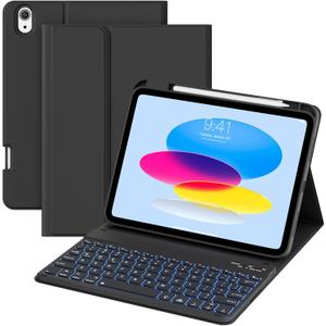 for iPad 10th 11th Generation Case with Keyboard, Folio Cover with Pencil Holder, 7 Colors Backlit Wireless Detachable Keyboard for iPad 11 inch A16 2025 10th Gen 10.9 Inch 2022, Black