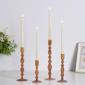 Hewory Glass Candle Holder Set: 4PCS Amber Glass Candlestick Holders Vintage Taper Candle Holders for Candlesticks, Unique Candle Sticks Holder Decor for Table Dinner Festival Events Decorations
