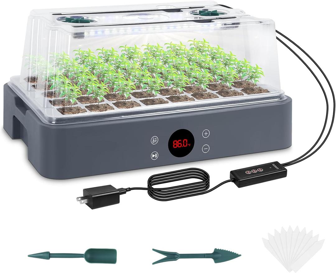 Sondiko Seed Starter Tray with Grow Light, Heated Seed Starter Kit with Temperature Display, Humidity Dome Germination Kit, Adjustable Plant Light for Seed Starting and Seedling Growth (Gray)