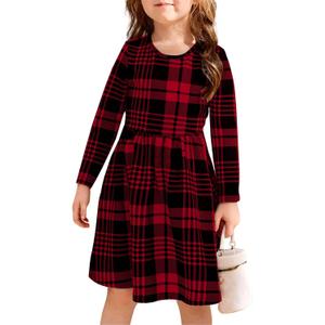 21KIDS Girls Fall Plaid Dress Long Sleeve Casual Midi Dresses with Pockets for Kids 10 Years (Red, S)