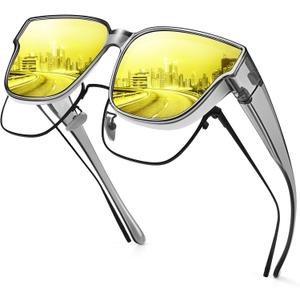 URUMQI Night Vision Glasses Fit Over Eyeglasses for Women Men, Anti Glare Polarized NightTime Glasses Oversized Yellow Lens (02 Transparent Grey Frame/Night Vision Lens)
