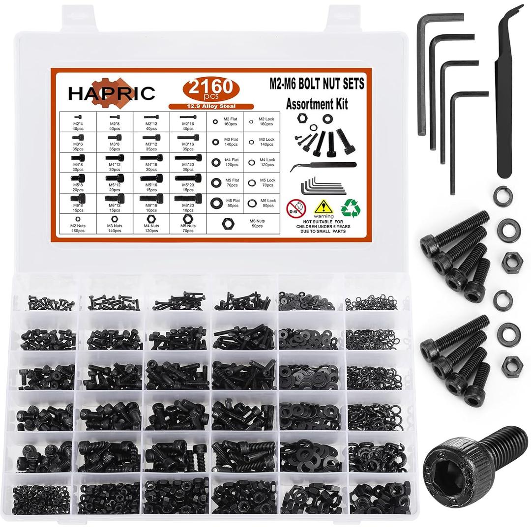 Hapric 2160 Pcs Metric Screw Assortment Metric Bolts M2 M3 M4 M5 M6 Nuts and Bolt Kit, 12.9 Alloy Steel Black Zinc Plated Hex Socket Head Screws Nuts Bolts and Washers Set