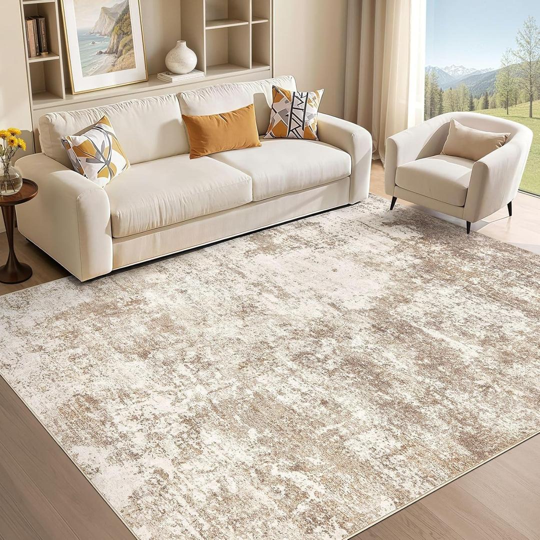Area Rug Living Room - 5X7 Abstract Washable Large Soft Foldable Non Slip Rug Neutral Modern Low Pile Carpet for Bedroom Nursery Dining Room Kitchen Home Office Indoor - Brown