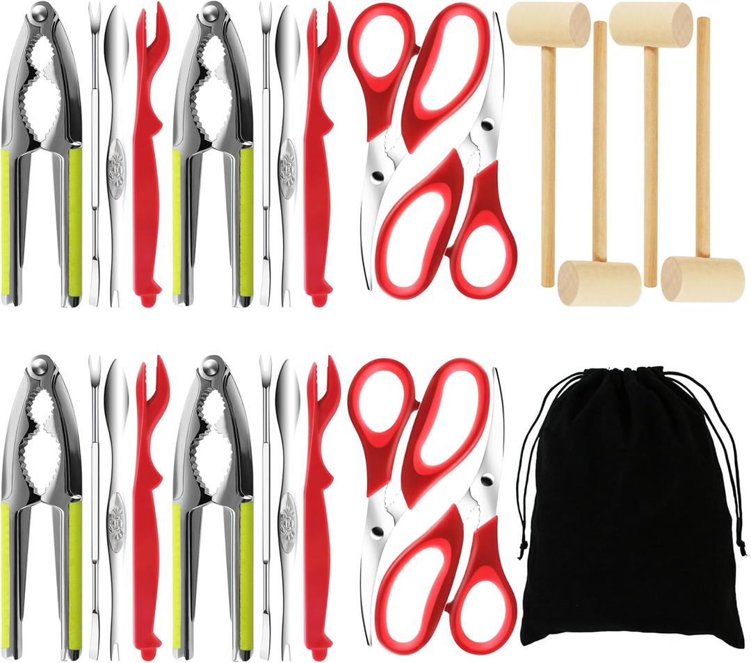 Seafood Crab Crackers and Tools, 25 Pcs Crab Leg Cracker Tool, Nut Crackers Tool, Crab Crackers, Lobster Shellers, Seafood Forks, Wide Crab Forks, Seafood Scissors, Crab Hammers, mobzio Crab Tools