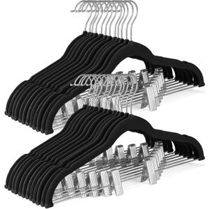 HOUSE DAY Velvet Skirt Hangers 24 Pack, Black Velvet Pant Hangers with Adjustable Clips, Space Saving Slim Shorts Hanger, Heavy Duty Non Slip Clip Hanger for Pants, Skirts, Shorts