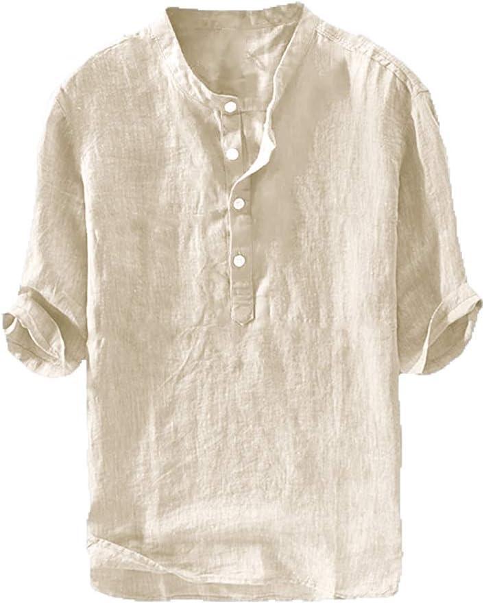 Ryannology Mens Linen Shirts Casual Cotton 3/4 Sleeve Regular-Fit Henley T-Shirt Summer Lightweight Beach Yoga Tops (Medium, 01 Beige)