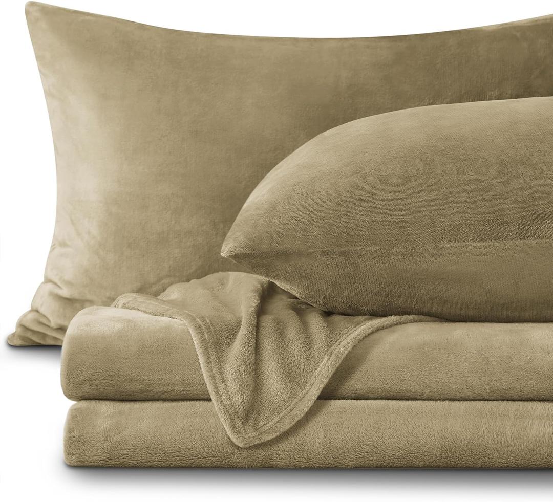 BEDELITE Flannel Sheets Queen Size Camel - Super Soft Fleece Sheets Set Fluffy Extra Plush, 4 Piece(Include Fitted Sheet, Flat Sheet, 2 Pillowcases)