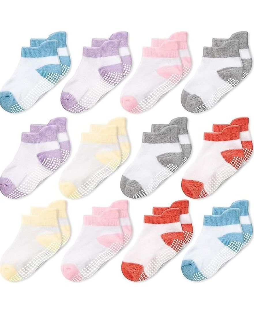 CozyWay Baby & Toddler Socks with Grippers Non Slip Ankle Grip Socks For Boys and Girls Babies - Comfy Soft Cotton - 12 Pack Color: White Multicolor, Size: 6-12 M