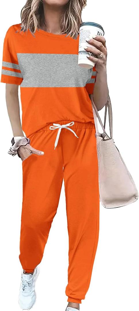 Women 2 Piece Outfits 2026 Summer Casual Tracksuit Short Sleeve Sweatpants Lounge Sets Travel Sweatsuits with Pocket, Size: M