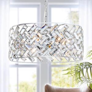 CATINER Chrome Crystal Chandeliers, Modern Semi Flush Mount Ceiling Light, 6-Light Round Crystal Hanging Pendant Light Fixtures, D18 for Dining Room Entryway Kitchen Hallway K9 Crystal