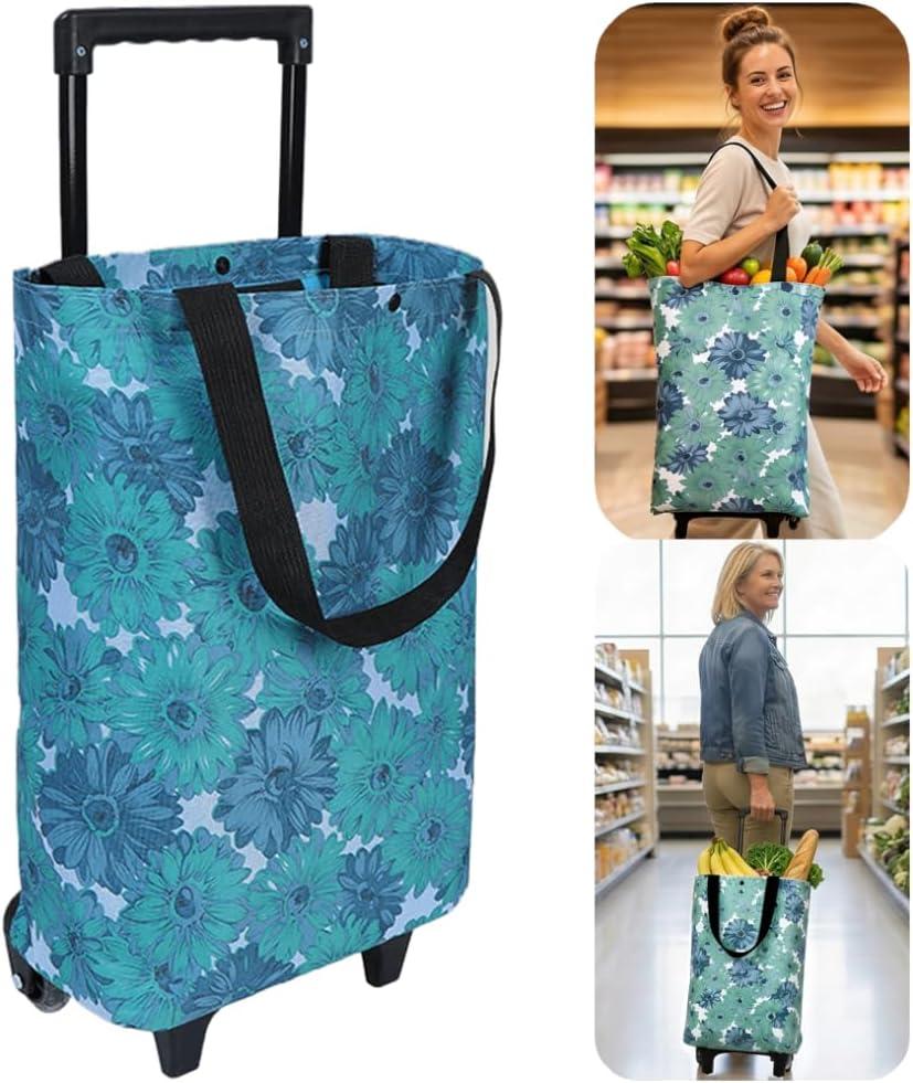 Rolling Shopping Bag, Small Shopping Cart with Wheels,Collapsible Portable Waterproof Tote for Market & Grocery RunsGift for Women & Seniors(Flower)