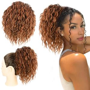 Messy Bun Hair Piece Elastic Drawstring 8inch Mix Brown with Black Loose Curls Bun Hair Extensions Synthetic Short Curly Yaki Hair Drawstring Ponytail for Women Daily Party Use(T30) (T30 Mix Brown with Black)