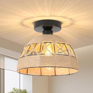 DELIPOP Rattan Ceiling Light Fixture, Boho Light Fixtures Ceiling Mount, Farmhouse Woven Hemp Rope Chandelier for Hallway, Bedroom, Kitchen, Foyer, Entryway