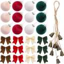 25pcs Velvet Christmas Ornaments Set, 3.15 Inch 12 Christmas Tree Balls, 12 Velvet Bows, 1 Eight Bell Jute Garland for Family Holiday Wreaths Gift Wrapping Hanging Decoration