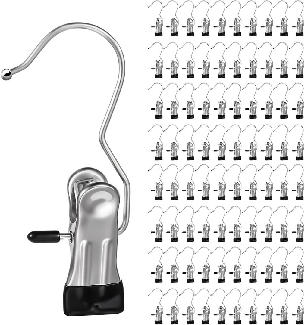 80 Pcs Boot Hangers for Closet, Black Heavy Duty Laundry Hooks with Clips Clothes Pins Towel Clips Boot Clip for Hanging Socks Towel Hats of Travel Closet