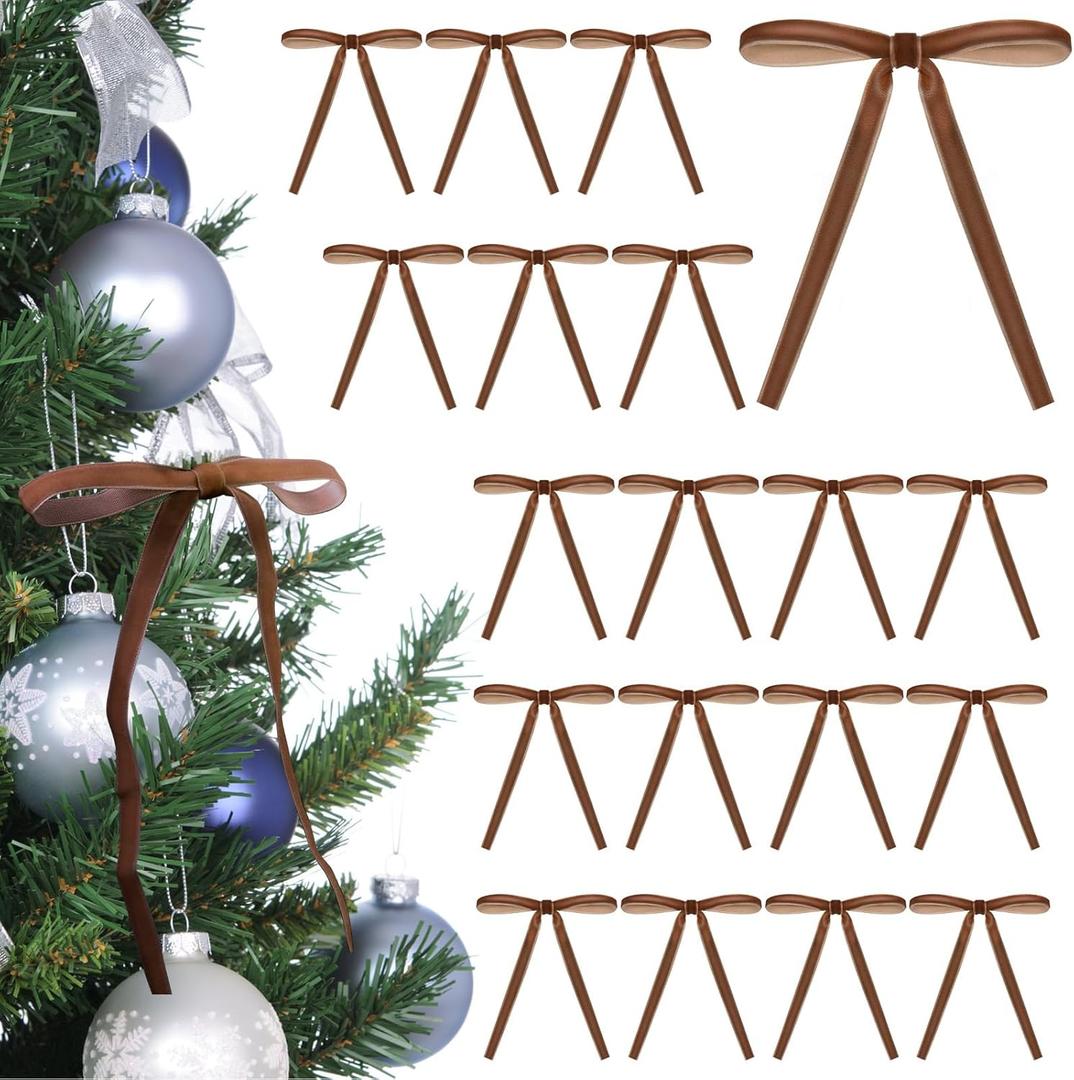 2 x 24 Pack Velvet Christmas Tree Bows - Vintage Ribbon Bows Ornaments for Tree Garland Wreath Indoor Xmas Decorations (5 x 7 Inch, Width of 3/8'', Camel)