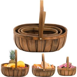 Lawei 3 Pack Wooden Bread Baskets, Wood Chip Picnic Basket with Handles, Handmade Woven Fruits Vegetable Storage Serving Basket Holder, Gift Packing Woven Basket, Flower Girl Baskets for Wedding