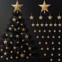 Soulchen 34 Pcs Gold Christmas Tree Decorations Set Include 24 5.1 Inch Icicle Ornaments Glitter Star Tree Topper 32ft Christmas Ribbon 8 LED Lights for Xmas Winter Holiday Party Hanging Decor