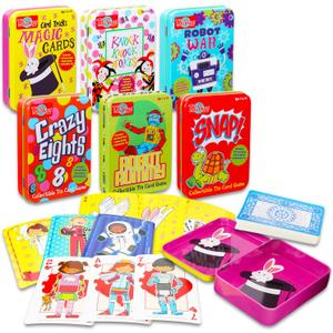 6 Pack Card Games - Tin Case Travel Table Games and Activities, War, Magic Card Tricks, Crazy Eights, More | Family Game Night Bundle