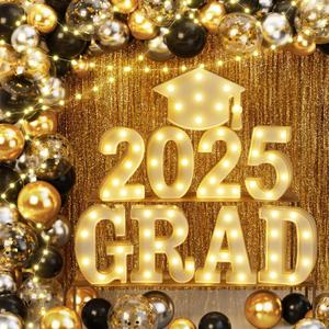 2025 Graduation Decorations, 79 PCS Graduation Party Supplies with 9 LED Marquee Light Up Letter Sign GRAD 2025 & Cap, Balloon Garland Kit for Outdoor Indoor Room Wall Table Grad Decor - Black Gold