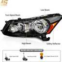 AS Headlight Assembly for 2008 2009 2010 2011 2012 Honda Accord 4dr Sedan Headlamps with Black Housing Clear Reflector Clear Lens Driver and Passenger Side