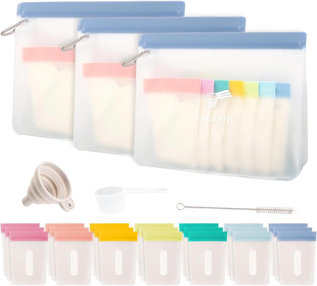 Protein Powder Travel Container Set,Reusable Powder Supplement Container To Go,21Pcs Single Dose Bags & 3Pcs Large Zip Bags,Portable Travel Containers with Funnel,Spoon (24 Pack)