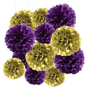 Purple & Gold Tissue Paper Pom-Poms - Hanging Paper Pompoms Flower Ball Wedding, Birthday Party Decoration (6pcs 12in & 10in)