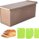 2.2Lb Bread Pan, Non-Stick Rectangle Pullman Loaf Pan with Lid, Long Sourdough Bread Loaf Pan for Homemade, Deep Bread Tin with Dough Scraper Cutter (13inch, Gold)