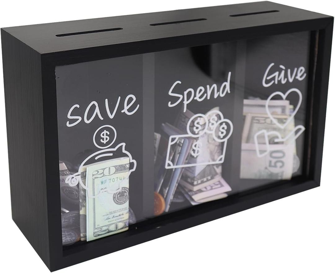 Wooden Give Save Spend Money Saving Box for Kids, Money Coin Savings Piggy Bank Jar Box for Kid Safe Money Saver, Teach Children About Giving Saving Giving Money Piggy Box for Boys Girls, Black