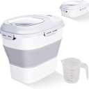 Cereal Rice Food Storage Containers, Collapsible 20 to 50 Lbs Dispenser Bin with Rolling Wheel Airtight Locking Lid, Dog Pet Cat Flour Sugar Plastic Leakproof Sealable Large Kitchen Pantry Holder (White)