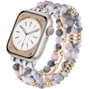VISOOM Beaded Boho Bracelet for Apple Watch Series 11 10 Bands 42mm 41mm 40mm 38mm Women, Fashion Handmade Cute Crystal beads Stretchy Watch Strap for IphoneiWatch Bracelet Bands (Pink Zebra)