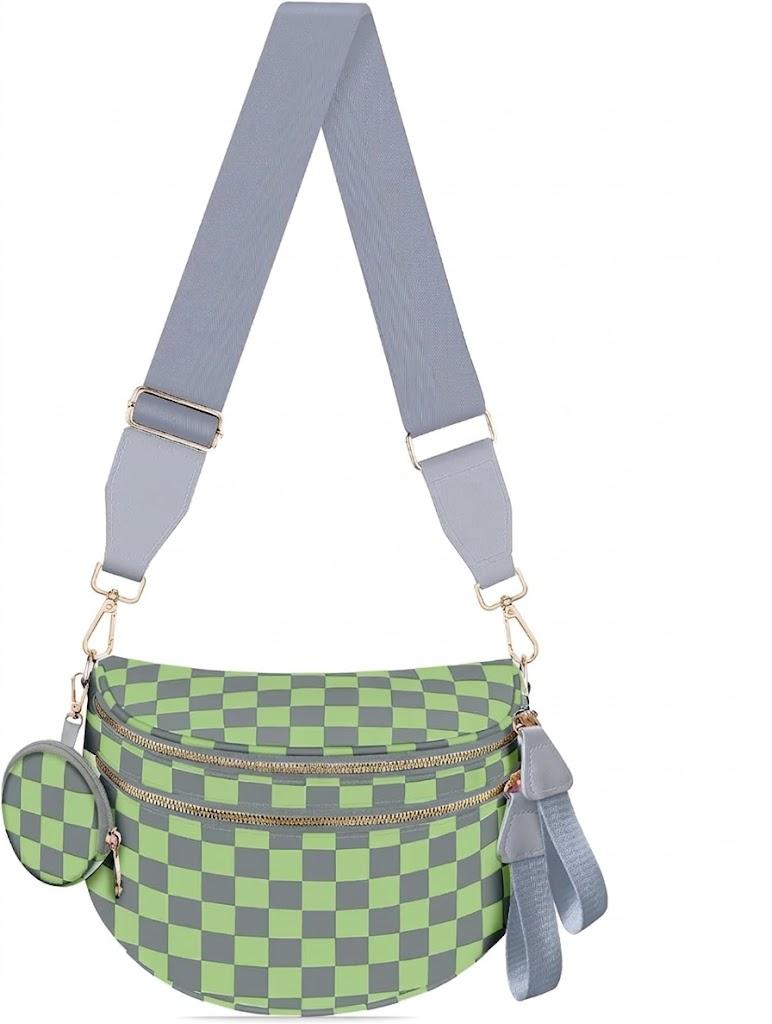 Bum Bags for Women Checkered Crossbody Bag with Removable Wallets Large Nylon Belt Purse Fanny Packs, Gray and Green Checkered
