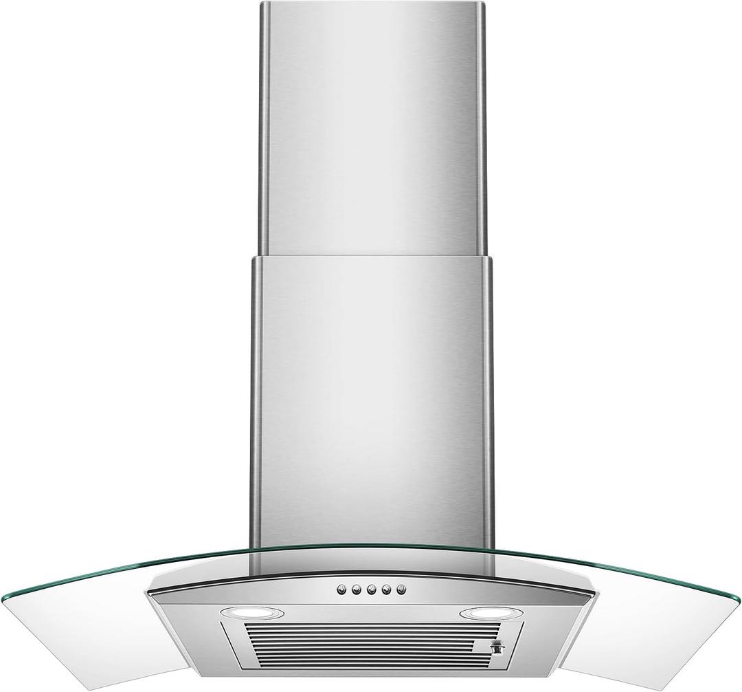 Range Hood 30 Inch, Tieasy Wall Mount Kitchen Hood with Ducted/Ductless Convertible Duct, Stainless Steel Chimney and Baffle Filter, 3-Speed Push Button, LED Lights