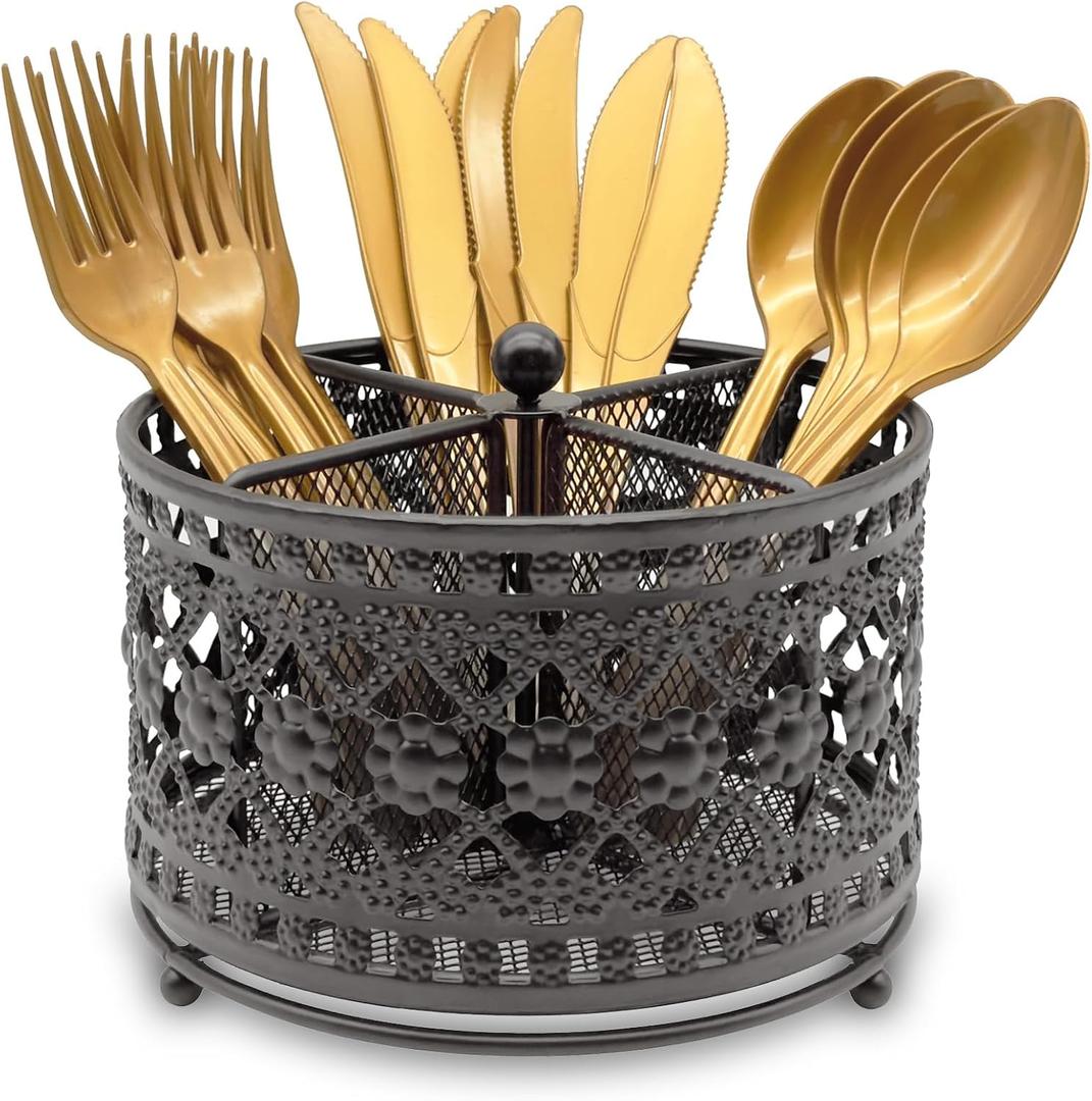 360 Rotating Metal Utensil Caddy - 4 Compartment Vintage Silverware Cutlery Holder Fork Spoon Napkin Organizer Flatware Storage Basket Party Countertop Buffet Picnic Camping Outdoor Black