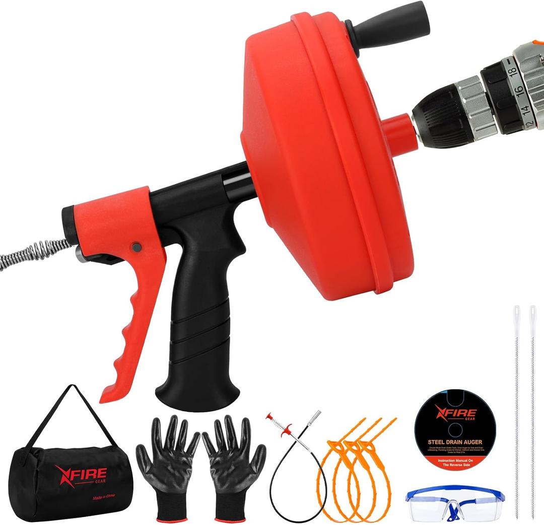 New 50 FT Double Mode Drain Snake Tools, 11-in-1 Drain Auger for Sink and Drain Unblocking, Plumbing Snake for Kitchen, Bathrom and Shower Sink, Snake for Real DYIs (Red) NEW