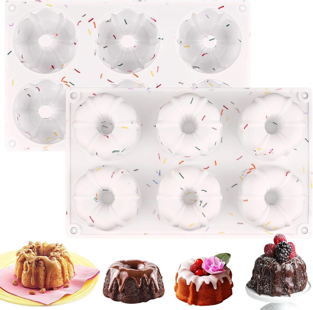 HUAKENER 2 Pcs Mini Bundt Cake Pan, 6-Cavity Fluted Tube Cake Pan, Non-stick Silicone Baking Mold for Cupcakes, Donuts, Muffins, Cornbread, Brownies, Jellies